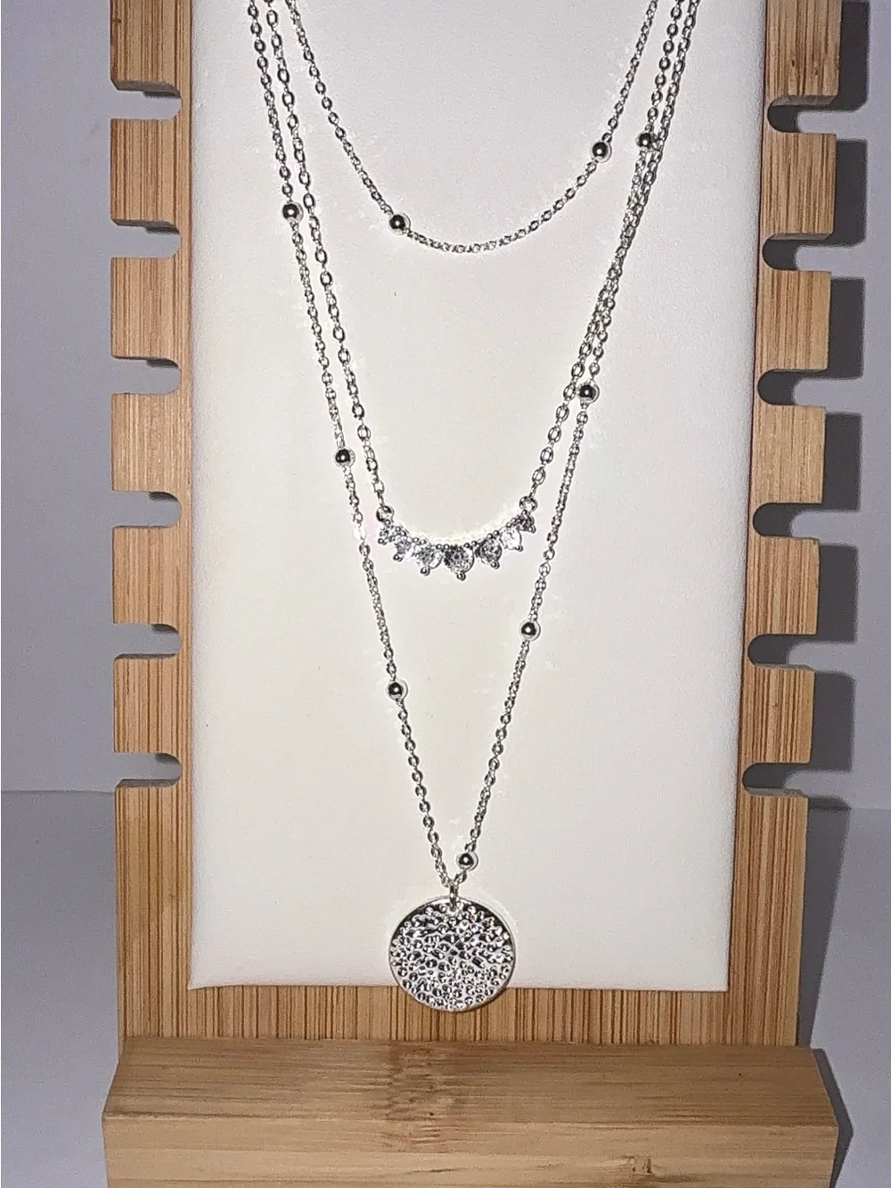14K Gold Silver Plated Layered Necklace Set | CZ Disc & Beaded Chain